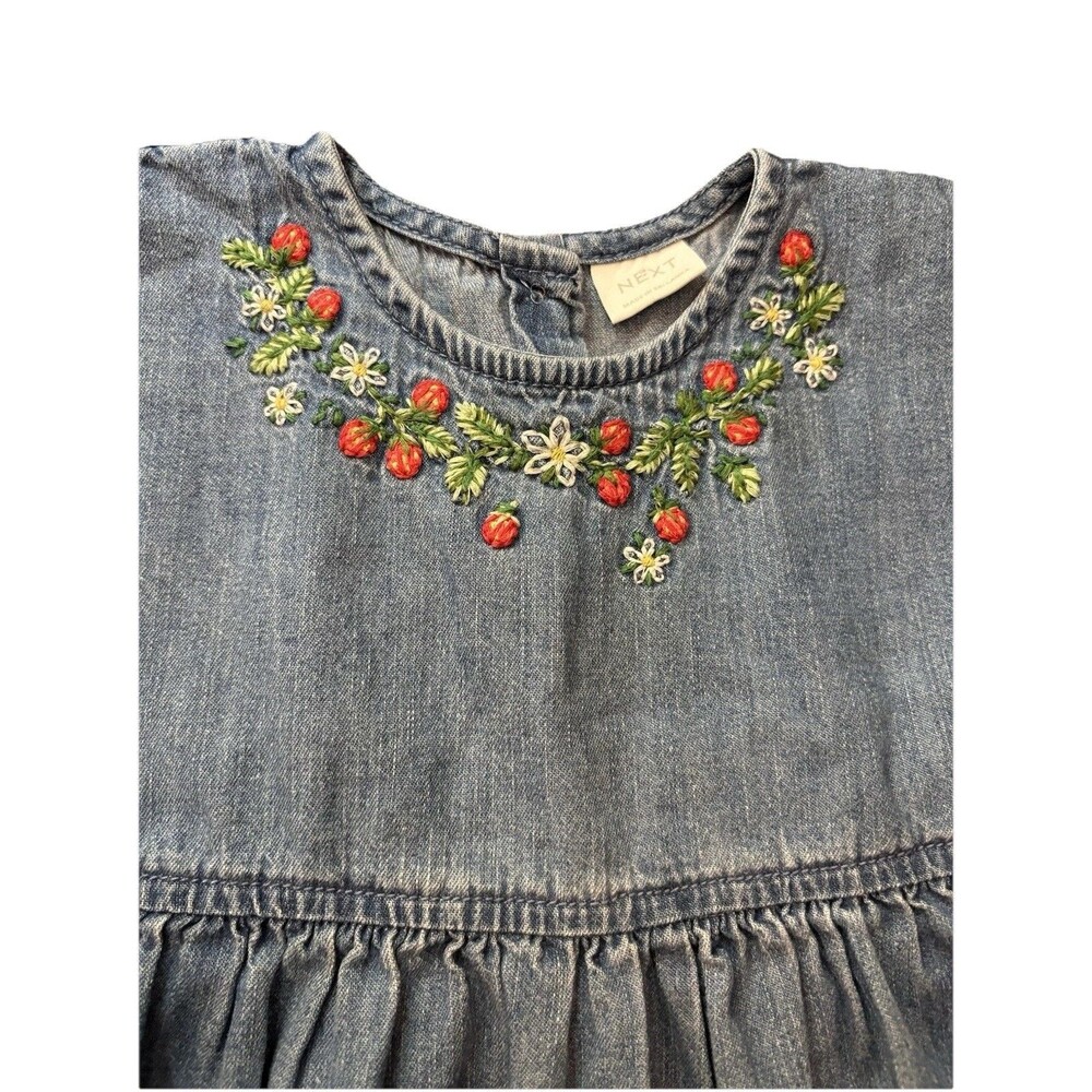 NEXT Girls 12/18 Month Denim Fit & Flare Dress Floral Strawberry Embroidery Cute